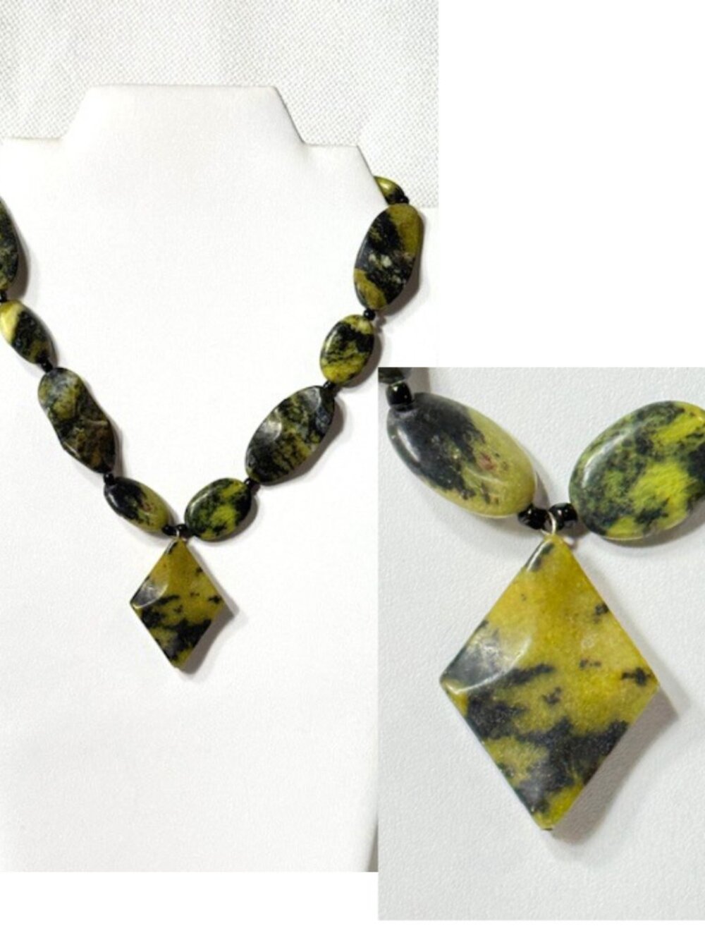 17" green and black serpentine pendant necklace.